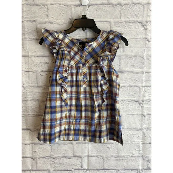 J. Crew Women’s Casual Preppy Ruffle Top Plaid Sleeveless Blouse Size 00 - Picture 3 of 8